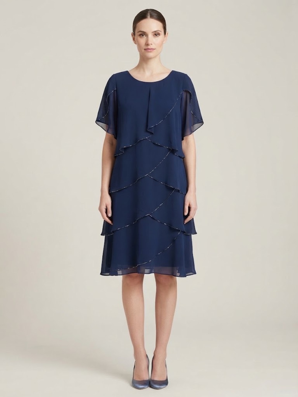 SLYN Navy Blue Tiered Chiffon Mini Beaded Formal Cocktail Dress - Sz 18
